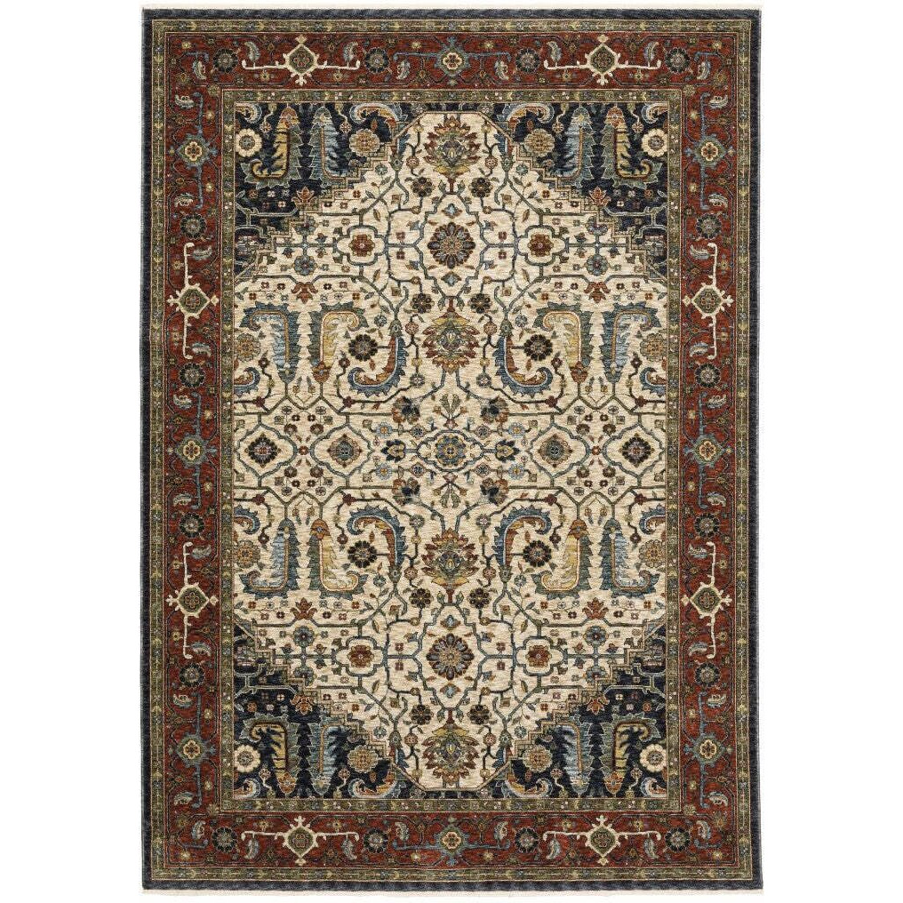 HomeRoots 508036 8 x 11 ft. Ivory Beige Red Blue Gold Green & Navy Oriental Power Loom Stain Resistant Rectangle Area Rug with Fringe