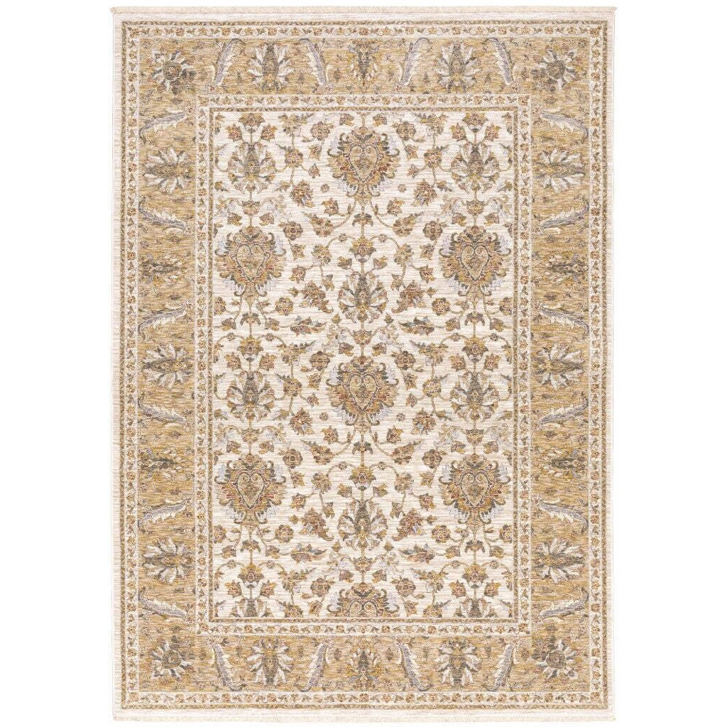 HomeRoots 509419 8 x 11 ft. Ivory & Gold Oriental Power Loom Stain Resistant Rectangle Area Rug with Fringe