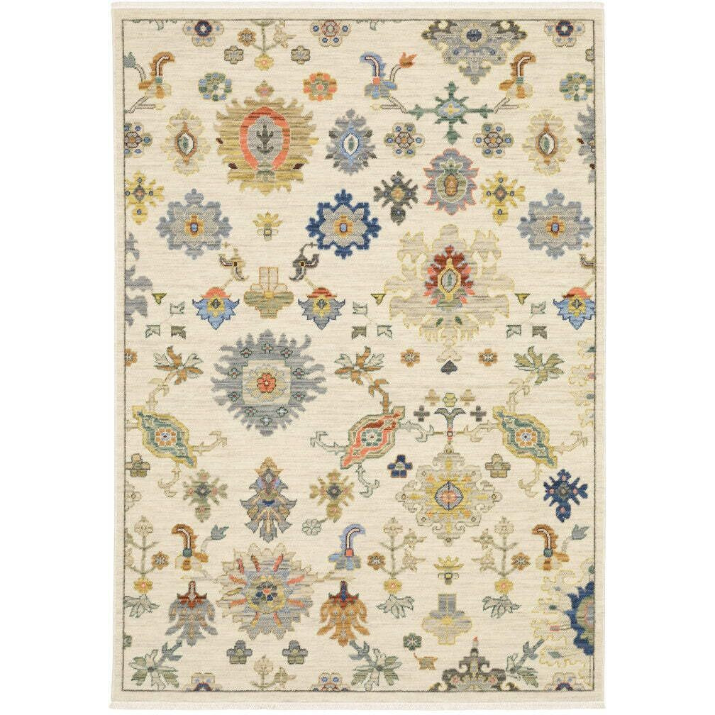 HomeRoots 509328 6 x 9 ft. Ivory Beige Gold Gray Blue Pink Red Rust & Green Oriental Power Loom Stain Resistant Rectangle Area Rug with Fringe