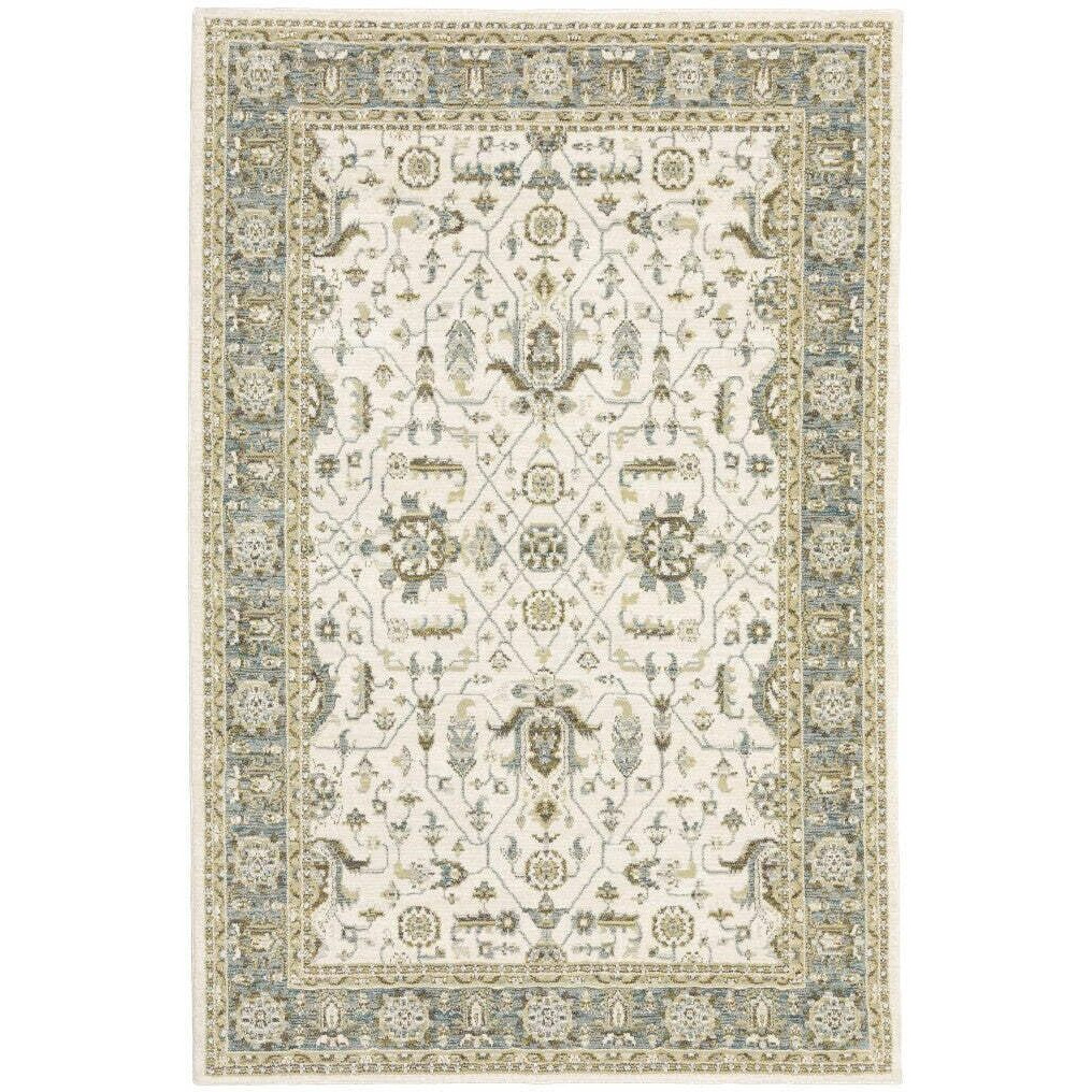 HomeRoots 510095 3 x 5 ft. Ivory Gray & Blue Oriental Power Loom Stain Resistant Rectangle Area Rug