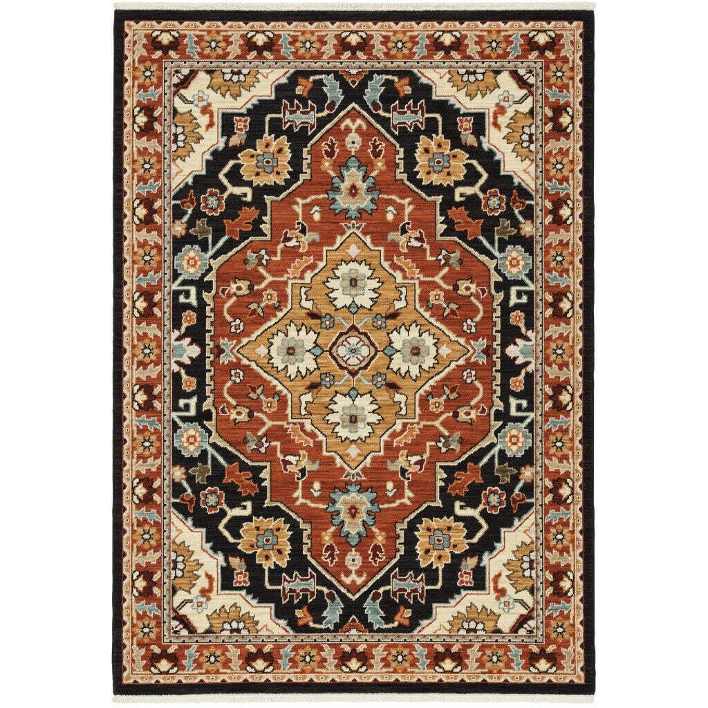 HomeRoots 509228 3 x 5 ft. Black Orange & Beige Oriental Power Loom Stain Resistant Rectangle Area Rug with Fringe