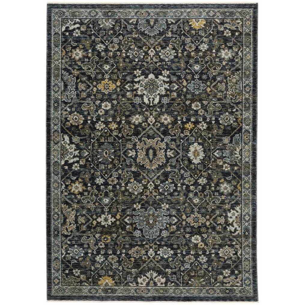 HomeRoots 507998 3 x 5 ft. Blue Ivory Gray Gold Green & Brown Oriental Power Loom Stain Resistant Rectangle Area Rug with Fringe