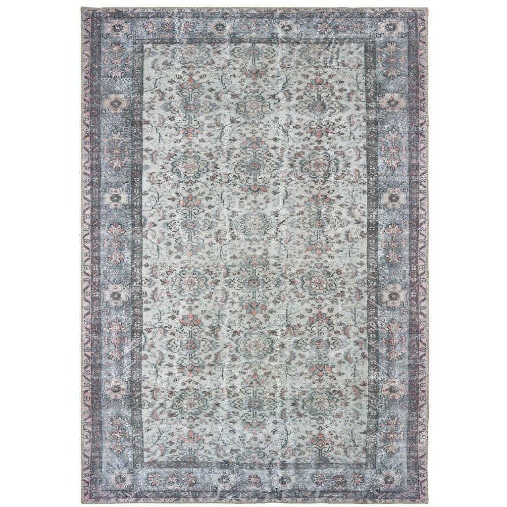 HomeRoots 509797 8 x 11 ft. Ivory & Blue Oriental Power Loom Stain Resistant Rectangle Area Rug