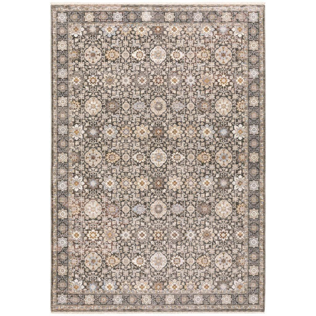 HomeRoots 509439 6 x 9 ft. Gray & Ivory Oriental Power Loom Stain Resistant Rectangle Area Rug with Fringe