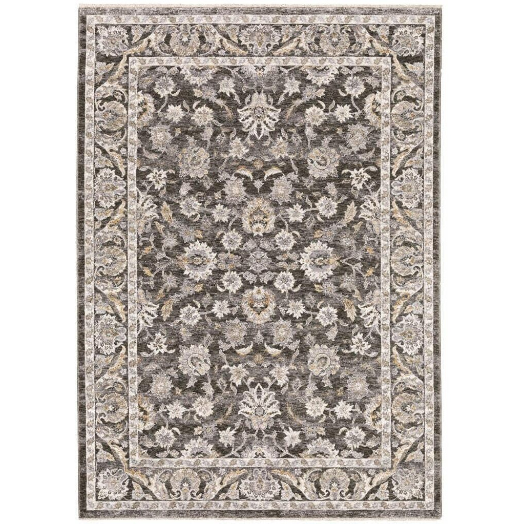 HomeRoots 509388 2 x 3 ft. Gray & Ivory Oriental Power Loom Stain Resistant Rectangle Area Rug with Fringe