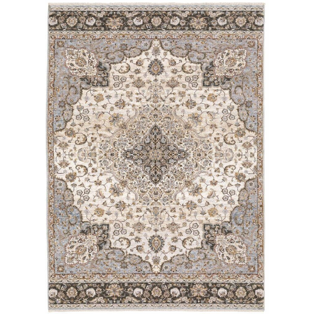 HomeRoots 509368 3 x 5 ft. Ivory & Blue Oriental Power Loom Stain Resistant Rectangle Area Rug with Fringe