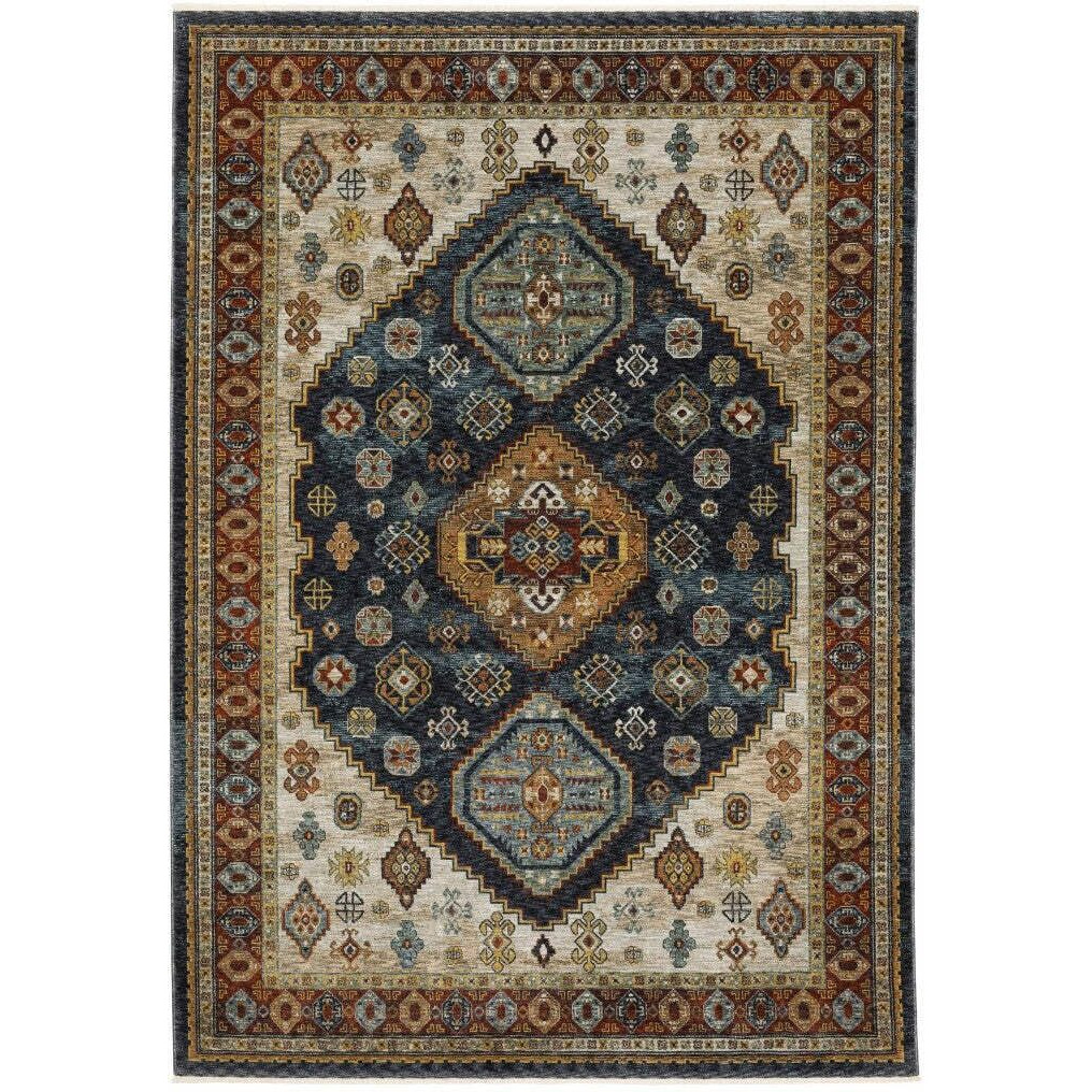 HomeRoots 508042 6 x 9 ft. Blue Red Beige Orange Gold & Tan Oriental Power Loom Stain Resistant Rectangle Area Rug with Fringe