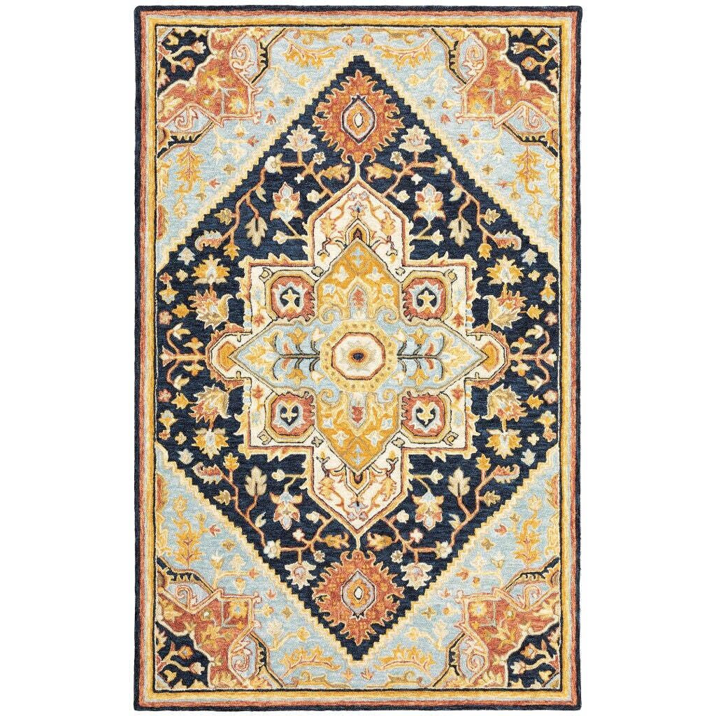 HomeRoots 508117 5 x 8 ft. Navy Rust Blue Ivory & Gold Oriental Hand Tufted Handmade Stain Resistant Rectangle Area Rug