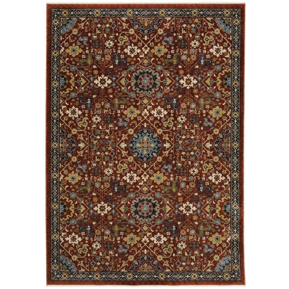 HomeRoots 507978 5 x 8 ft. Red Blue Gold & Ivory Oriental Power Loom Stain Resistant Rectangle Area Rug with Fringe