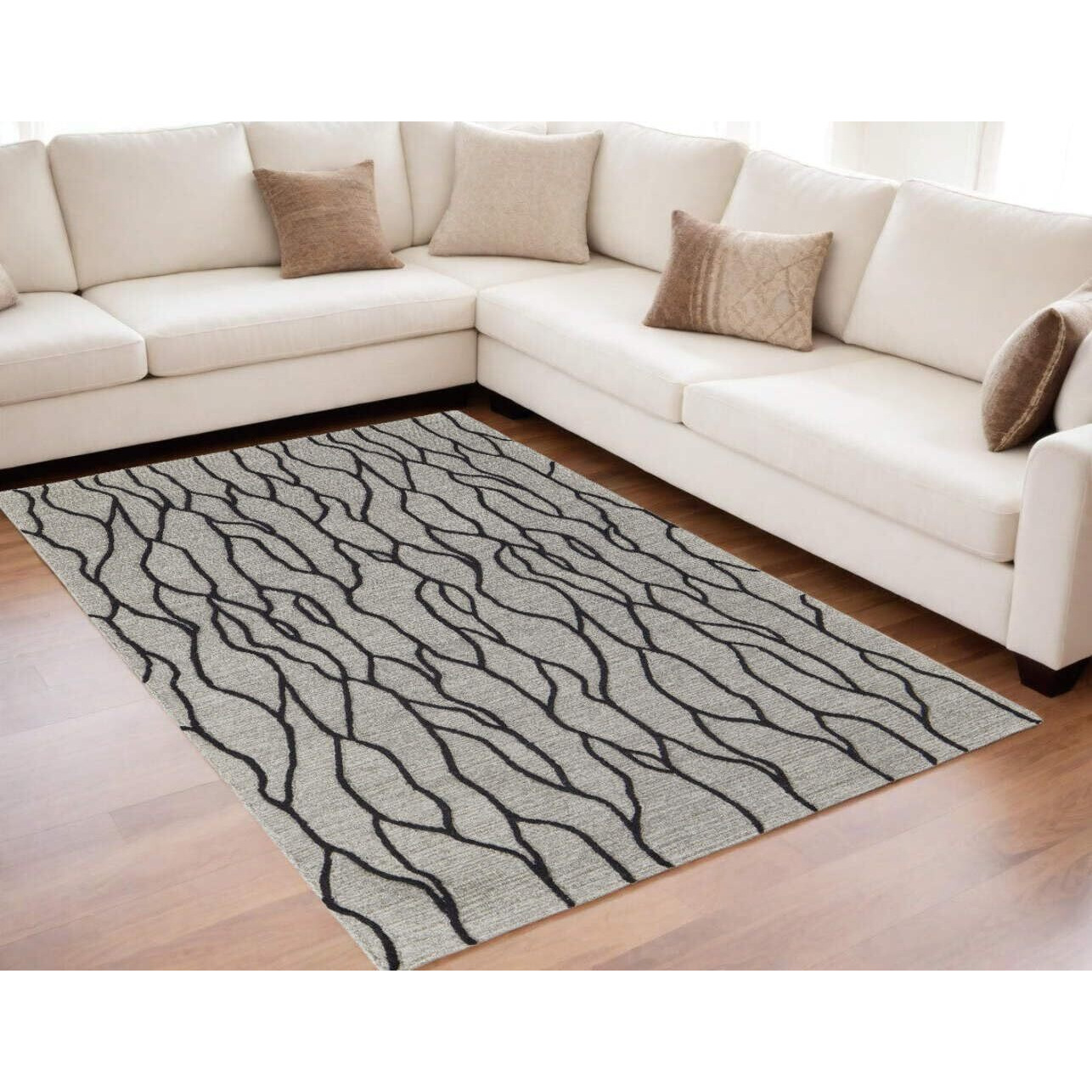 HomeRoots 511846 8 x 11 ft. Taupe Black & Gray Wool Abstract Hand Tufted Handmade Stain Resistant Rectangle Area Rug