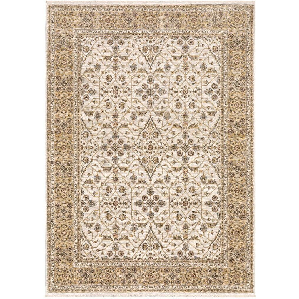 HomeRoots 509382 3 x 5 ft. Ivory & Gold Oriental Power Loom Stain Resistant Rectangle Area Rug with Fringe