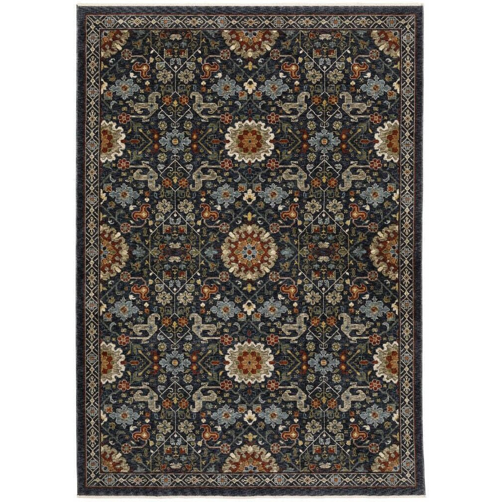 HomeRoots 507970 3 x 5 ft. Blue Red Ivory & Gold Oriental Power Loom Stain Resistant Rectangle Area Rug with Fringe