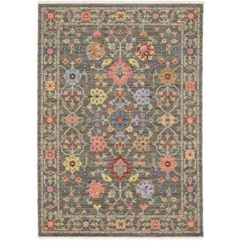 HomeRoots 509277 3 x 5 ft. Gray Salmon Pink Gold Blue Rust Deep Blue Ivory & Green Oriental Power Loom Stain Resistant Rectangle Area Rug with Fringe