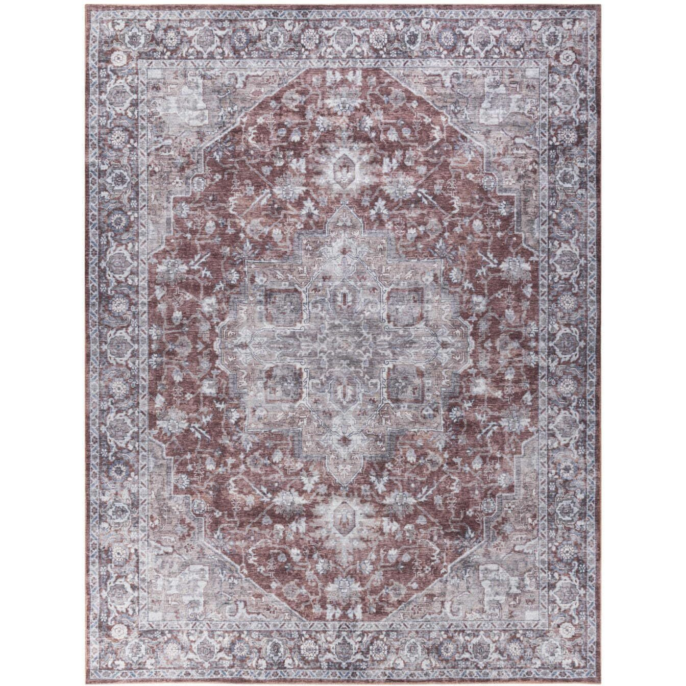 HomeRoots 533135 9 x 12 ft. Red & Ivory Floral Power Loom Distressed Washable Rectangle Area Rug