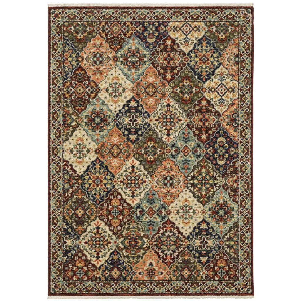 HomeRoots 509274 10 x 13 ft. Red Rust Navy Light Blue Brown Orange Ivory & Gold Oriental Power Loom Stain Resistant Rectangle Area Rug with Fringe