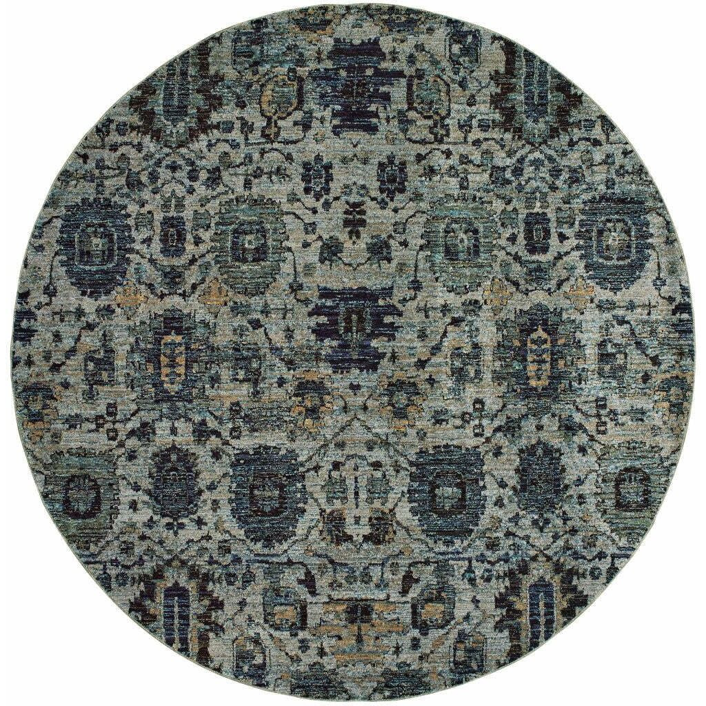 HomeRoots 510074 8 ft. Blue & Navy Oriental Power Loom Stain Resistant Round Area Rug