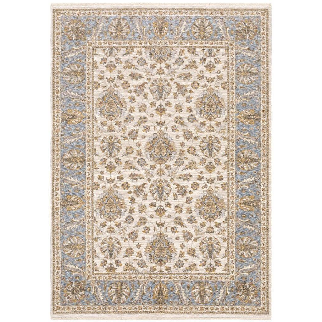 HomeRoots 509423 3 x 5 ft. Ivory & Blue Oriental Power Loom Stain Resistant Rectangle Area Rug with Fringe