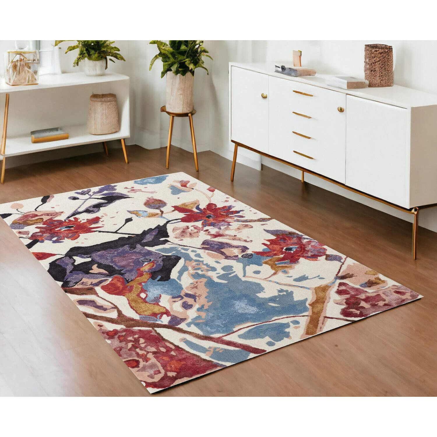 HomeRoots 513369 10 x 14 ft. Red Blue & Purple Floral Hand Tufted Handmade Rectangle Area Rug