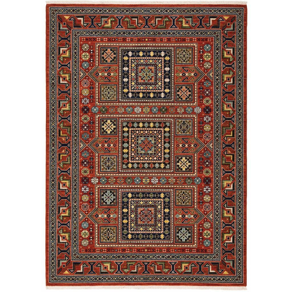 HomeRoots 509203 5 x 8 ft. Red Blue Beige & Green Oriental Power Loom Stain Resistant Rectangle Area Rug with Fringe