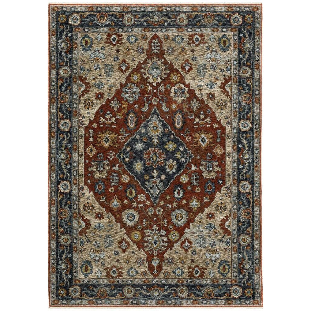 HomeRoots 508054 3 x 5 ft. Blue Beige Tan Brown Gold & Rust Red Oriental Power Loom Stain Resistant Rectangle Area Rug with Fringe