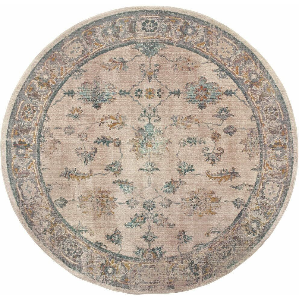 HomeRoots 510766 8 ft. Ivory Blue Gold & Gray Oriental Power Loom Stain Resistant Round Area Rug