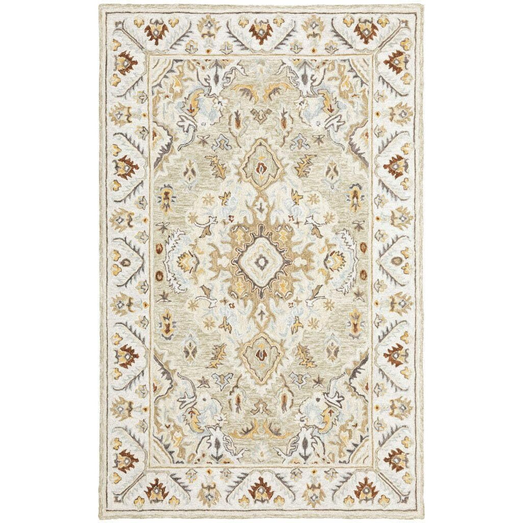 HomeRoots 508108 8 x 10 ft. Ivory Beige Gold & Muted Gray Oriental Hand Tufted Handmade Stain Resistant Rectangle Area Rug