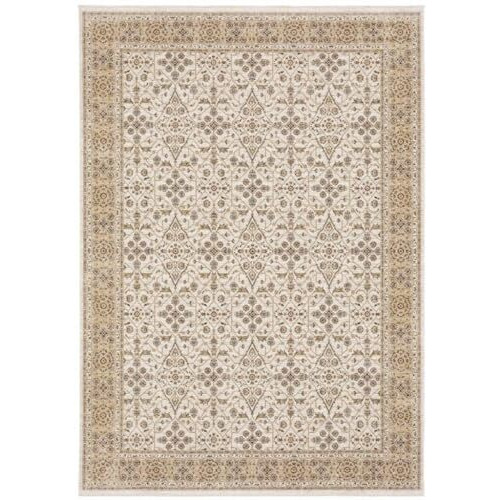 HomeRoots 509385 8 x 11 ft. Ivory & Gold Oriental Power Loom Stain Resistant Rectangle Area Rug with Fringe