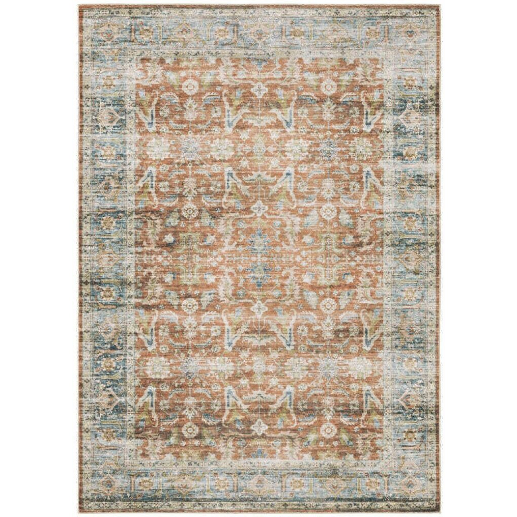 HomeRoots 510378 4 x 6 ft. Rust Blue Ivory & Gold Oriental Printed Stain Resistant Non Skid Rectangle Area Rug