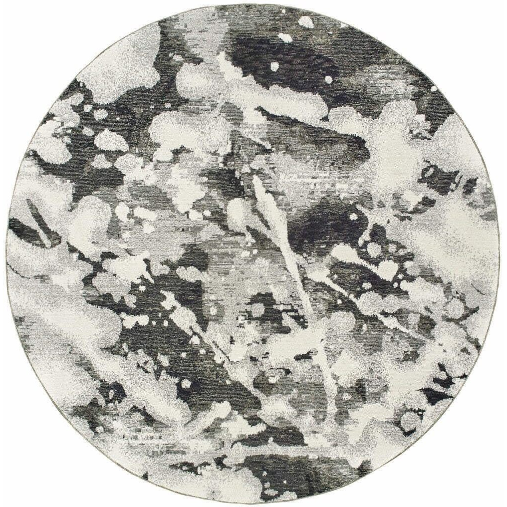 HomeRoots 510562 8 ft. Charcoal & White Abstract Power Loom Stain Resistant Round Area Rug