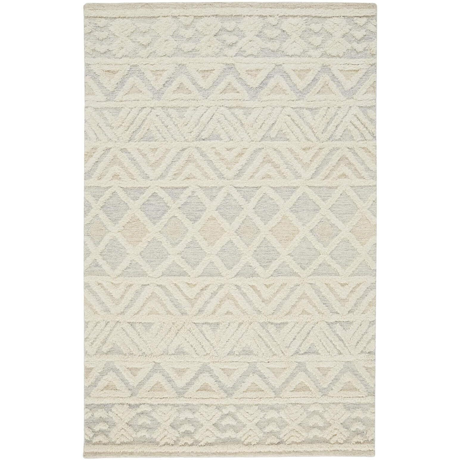 HomeRoots 512769 8 x 10 ft. Ivory Blue & Tan Wool Geometric Hand Tufted Handmade Stain Resistant Rectangle Area Rug