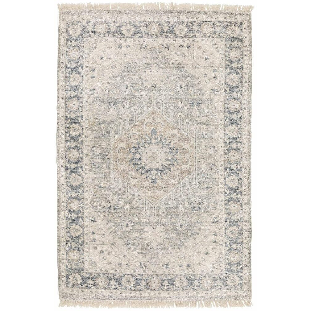 HomeRoots 509471 5 x 8 ft. Beige & Gray Oriental Hand Loomed Stain Resistant Rectangle Area Rug with Fringe