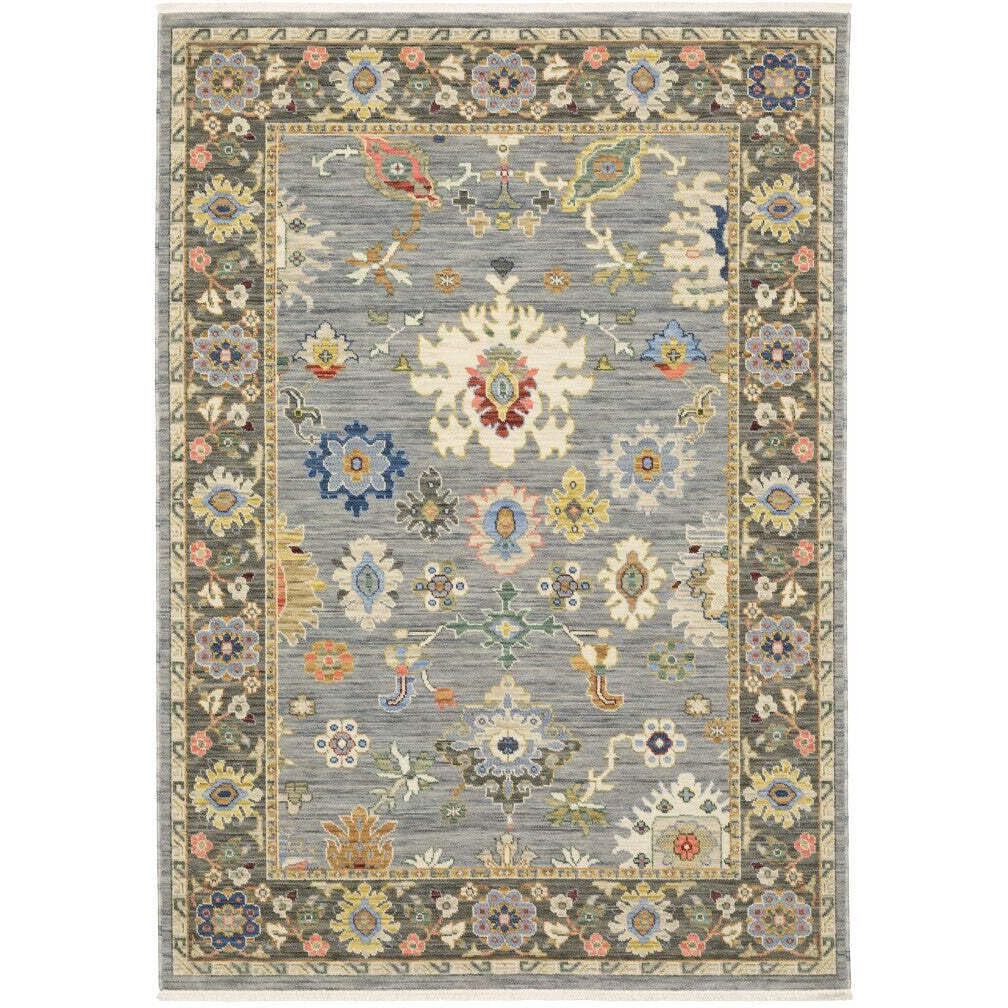 HomeRoots 509347 3 x 5 ft. Blue Gray Gold Green Pink Orange Ivory & Red Oriental Power Loom Stain Resistant Rectangle Area Rug with Fringe