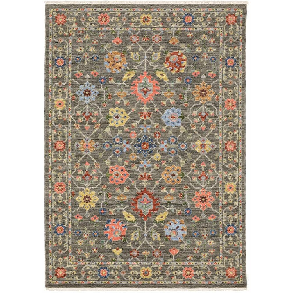 HomeRoots 509280 8 x 11 ft. Gray Salmon Pink Gold Blue Rust Deep Blue Ivory & Green Oriental Power Loom Stain Resistant Rectangle Area Rug with Fringe