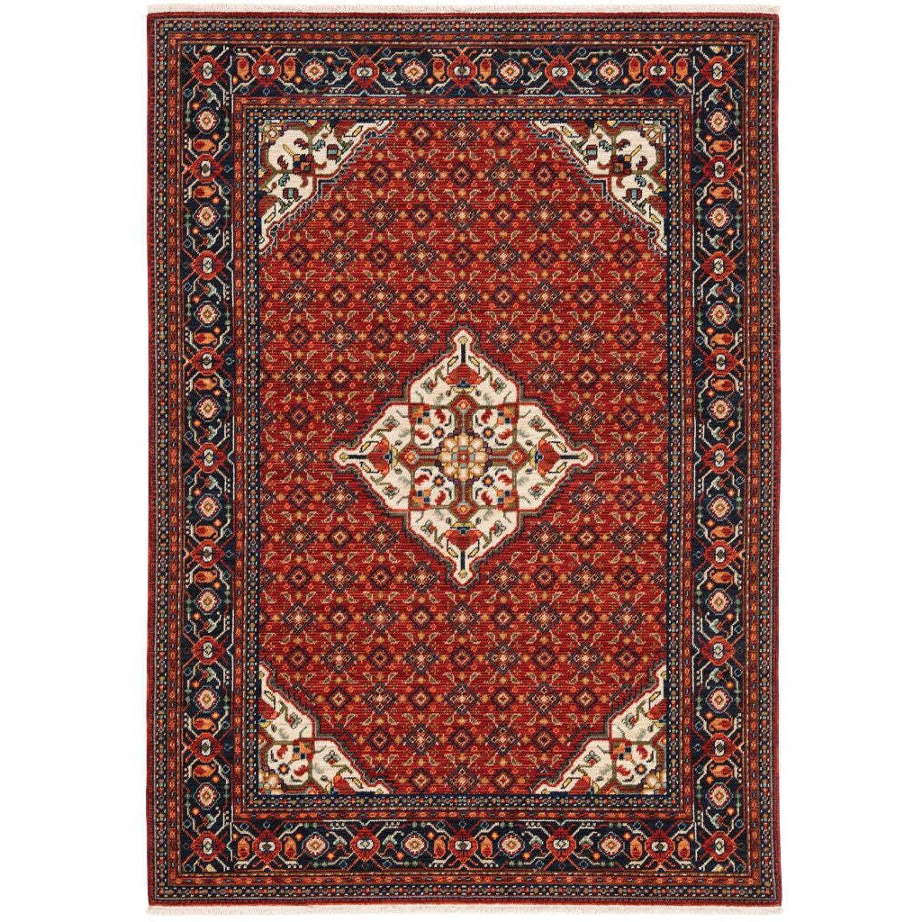 HomeRoots 509219 8 x 11 ft. Red Blue Ivory & Orange Oriental Power Loom Stain Resistant Rectangle Area Rug with Fringe