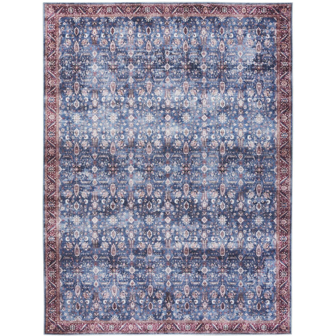 HomeRoots 533341 9 x 12 ft. Blue & Red Oriental Power Loom Distressed Washable Non Skid Rectangle Area Rug