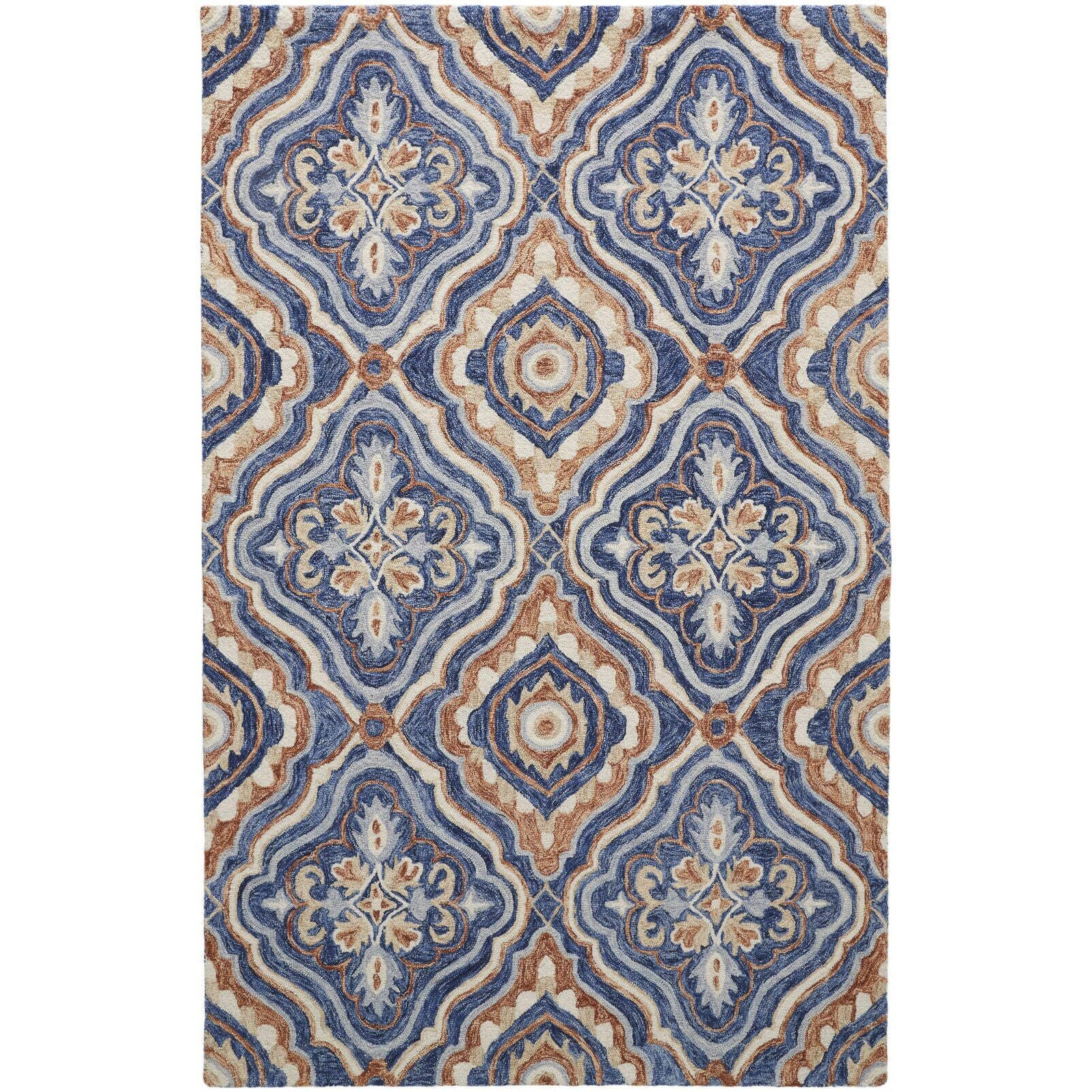 HomeRoots 512166 5 x 8 ft. Blue Orange & Ivory Wool Geometric Hand Tufted Handmade Stain Resistant Rectangle Area Rug