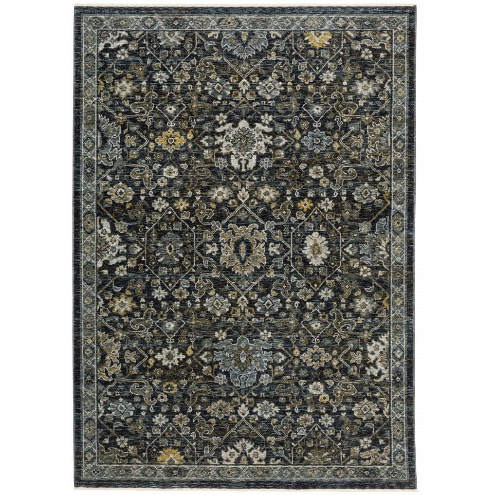 HomeRoots 507999 5 x 8 ft. Blue Ivory Gray Gold Green & Brown Oriental Power Loom Stain Resistant Rectangle Area Rug with Fringe