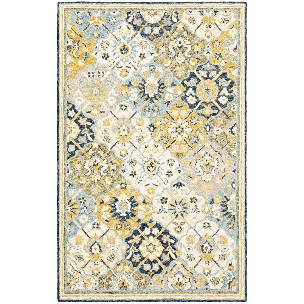 HomeRoots 508094 10 x 13 ft. Blue Green Gold Navy & Ivory Geometric Hand Tufted Handmade Stain Resistant Rectangle Area Rug