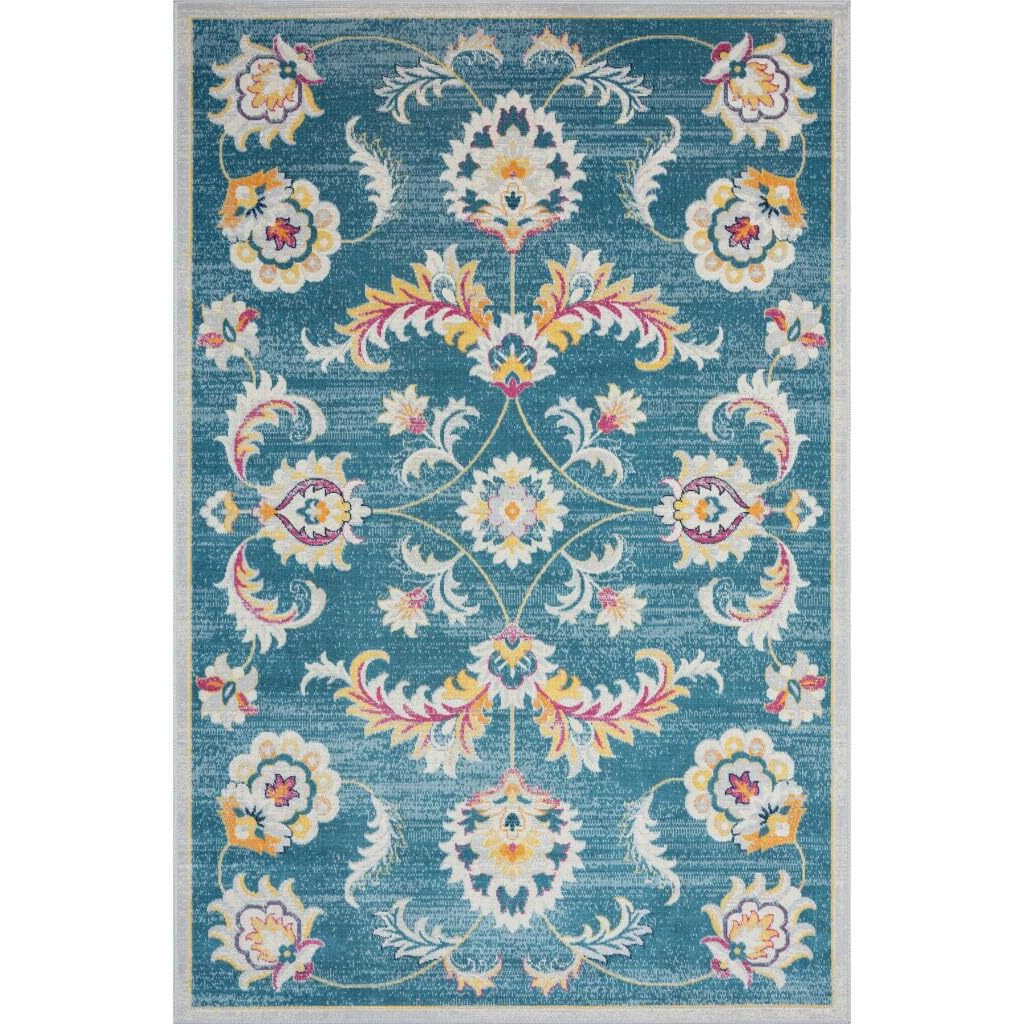 HomeRoots 482929 5 x 8 ft. Blue & Ivory Floral Stain Resistant Indoor & Outdoor Rectangle Traditional Area Rug