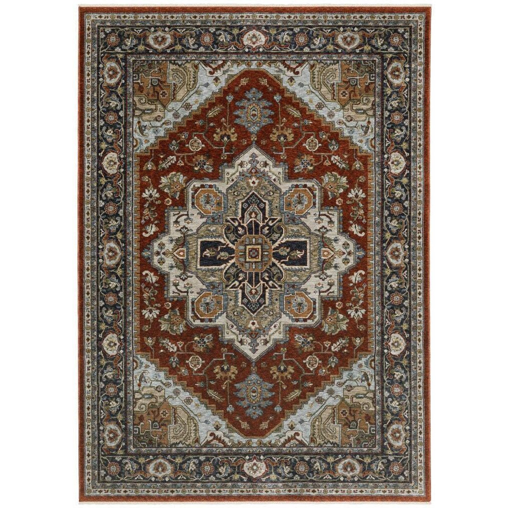 HomeRoots 508069 5 x 8 ft. Blue Beige Gray Gold Green & Rust Red Oriental Power Loom Stain Resistant Rectangle Area Rug with Fringe