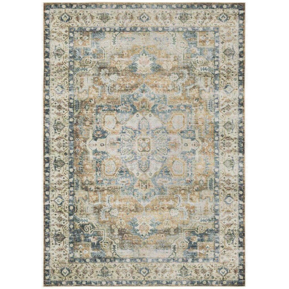 HomeRoots 510368 4 x 6 ft. Blue Gold Brown Green & Salmon Oriental Printed Stain Resistant Non Skid Rectangle Area Rug