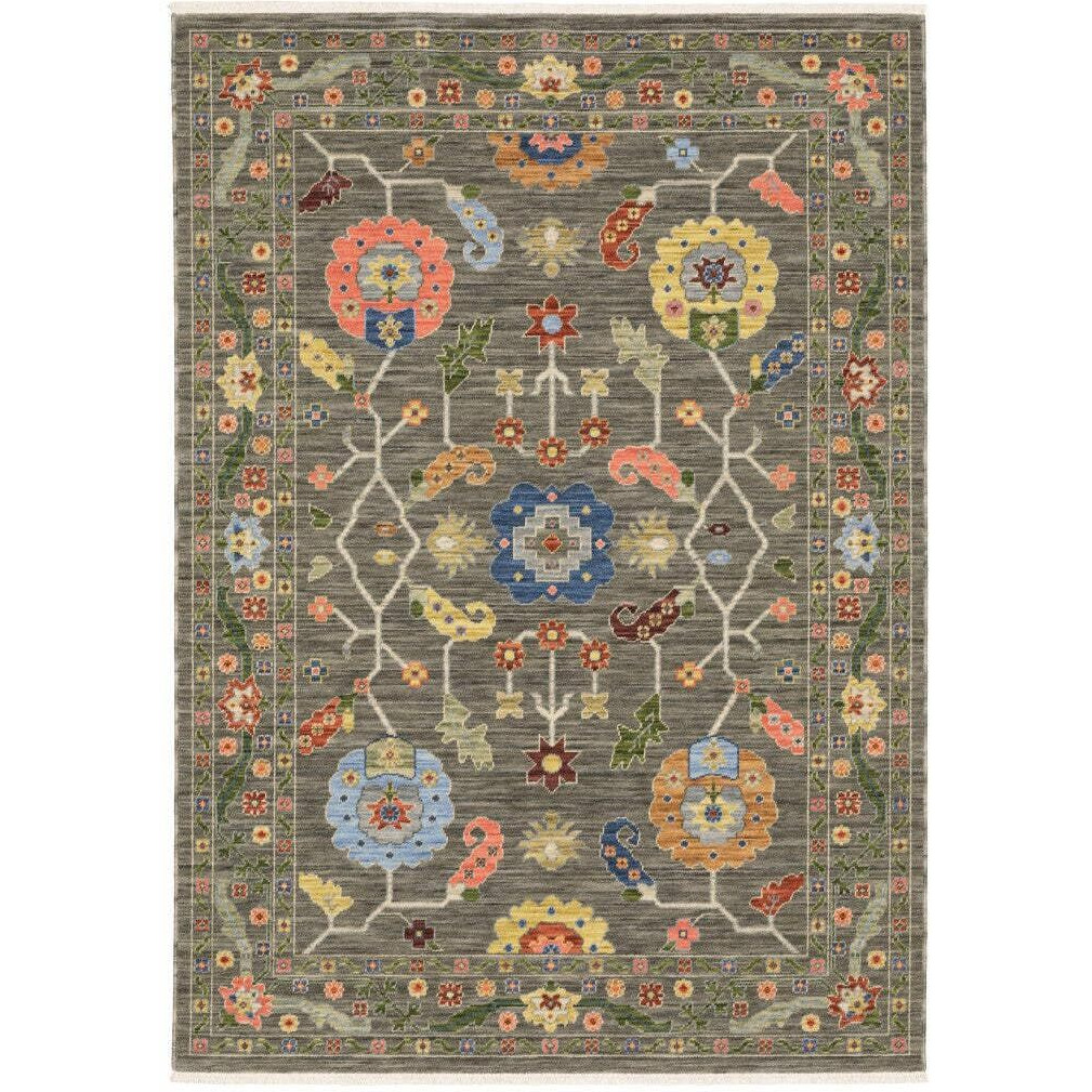 HomeRoots 509309 10 x 13 ft. Gray Blue Pink Orange Rust Red Green & Ivory Oriental Power Loom Stain Resistant Rectangle Area Rug with Fringe