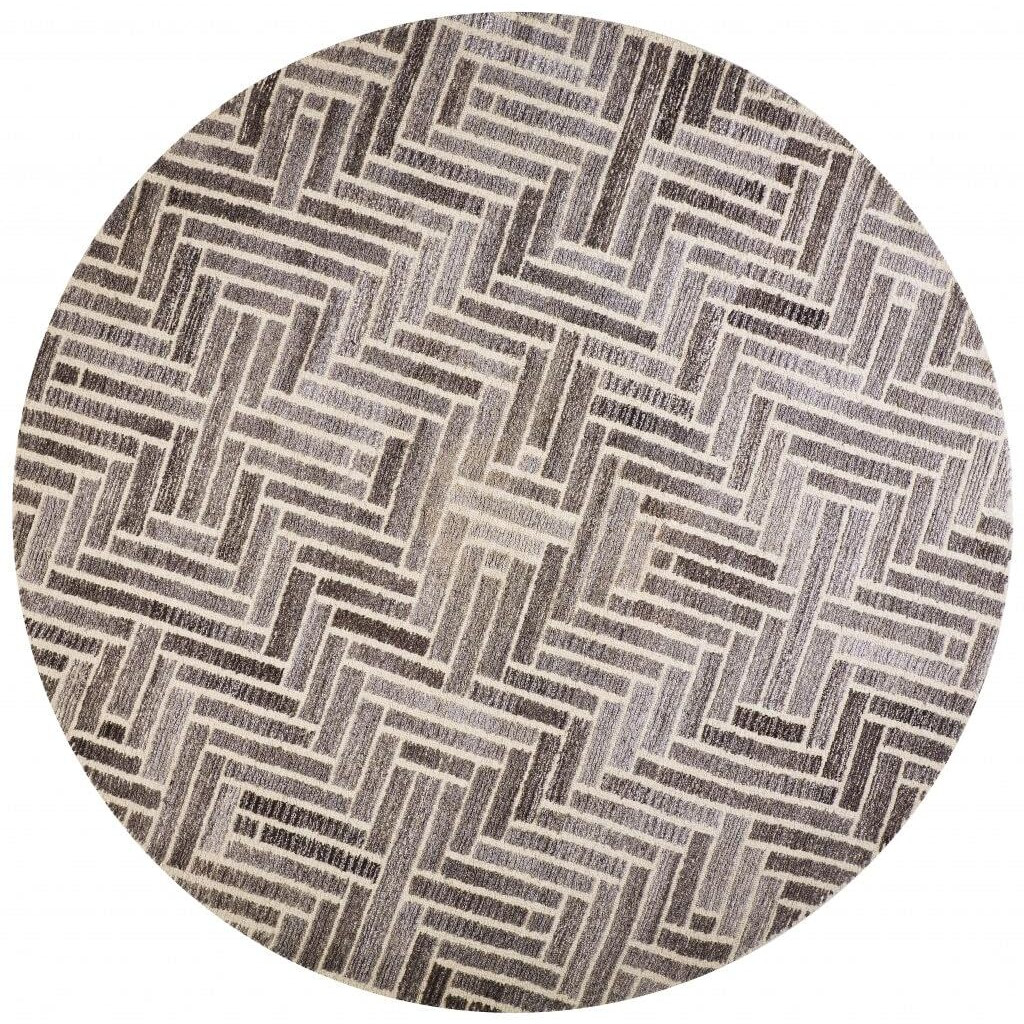 HomeRoots 512018 8 ft. Taupe Gray & Tan Wool Geometric Hand Tufted Handmade Round Area Rug