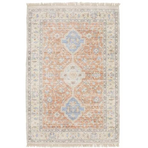 HomeRoots 509464 8 x 10 ft. Orange & Blue Oriental Hand Loomed Stain Resistant Rectangle Area Rug with Fringe