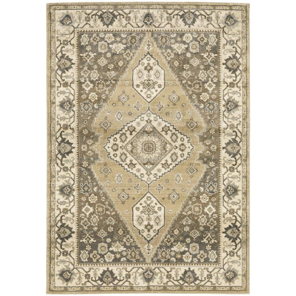 HomeRoots 508864 8 x 11 ft. Beige Gray Tan & Charcoal Oriental Power Loom Stain Resistant Rectangle Area Rug