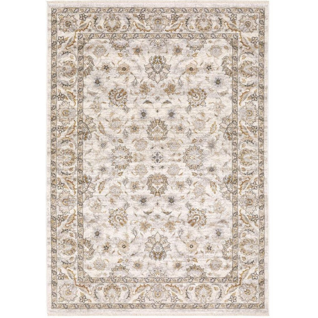 HomeRoots 509396 3 x 5 ft. Ivory & Gray Oriental Power Loom Stain Resistant Rectangle Area Rug with Fringe