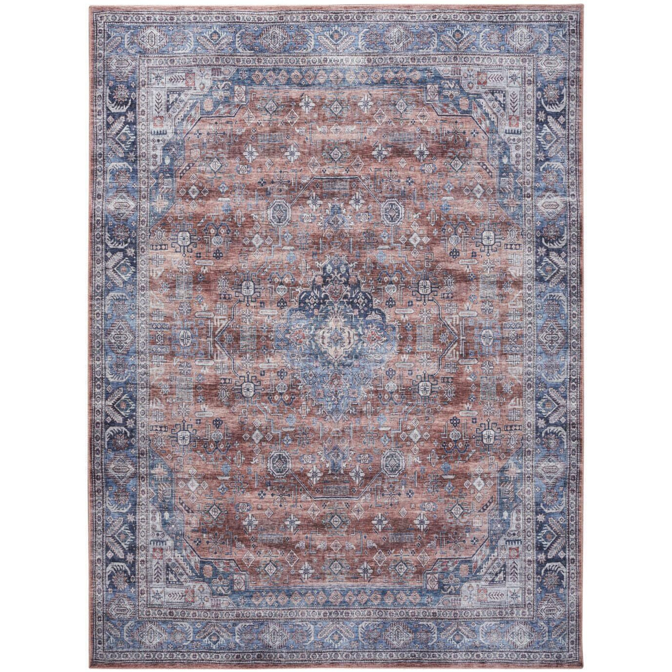 HomeRoots 533339 9 x 12 ft. Blue & Red Oriental Traditional Power Loomed Distressed Washable Non Skid Rectangle Area Rug