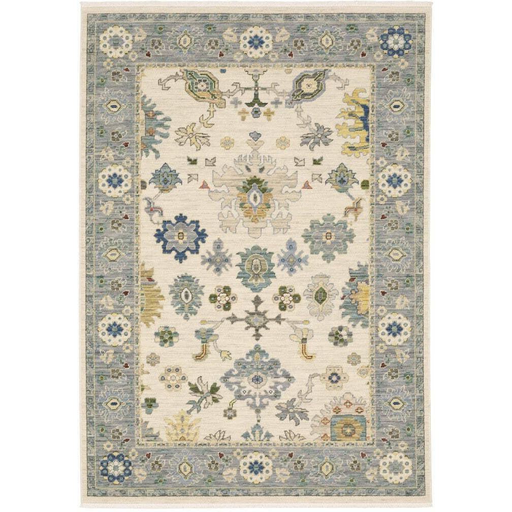 HomeRoots 509354 3 x 5 ft. Ivory Blue Gray Teal Gold Green & Rust Oriental Power Loom Stain Resistant Rectangle Area Rug with Fringe