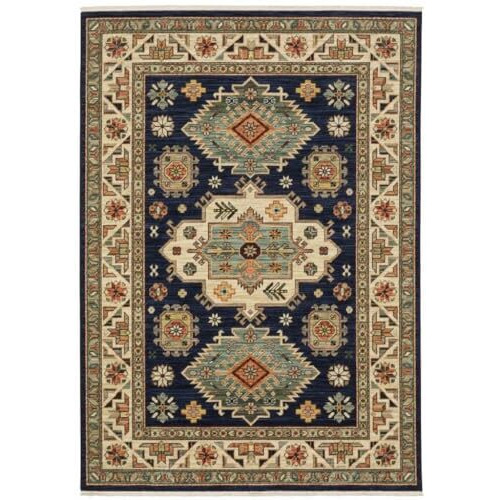 HomeRoots 509235 3 x 5 ft. Navy Charcoal Orange Rust Gold Pale Blue Olive Beige & Salmon Oriental Power Loom Stain Resistant Rectangle Area Rug with Fringe