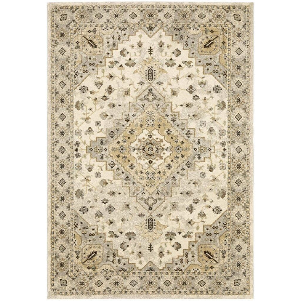 HomeRoots 508860 10 x 13 ft. Beige Gray Tan & Brown Oriental Power Loom Stain Resistant Rectangle Area Rug